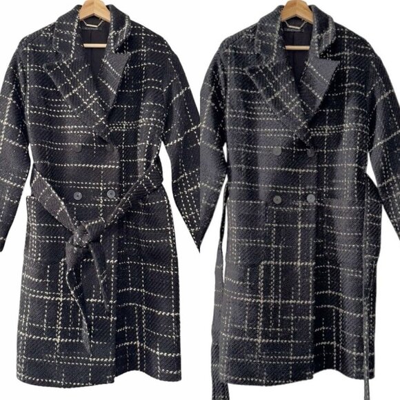 Elie‎ Tahari Black Plaid Tweed Wool Double Breasted Preppy Wrap Trench Coat - Picture 1 of 15
